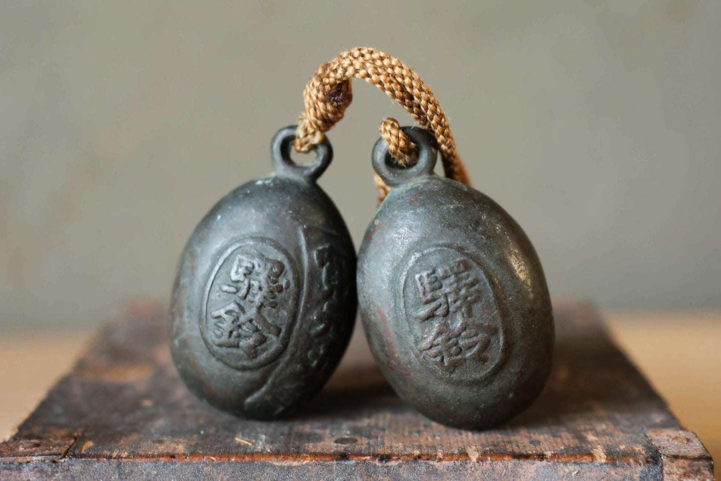 Japanese Bronze Bells - Vintage Bronze Bell Pair with Kanji Suzu for Entryway Display
