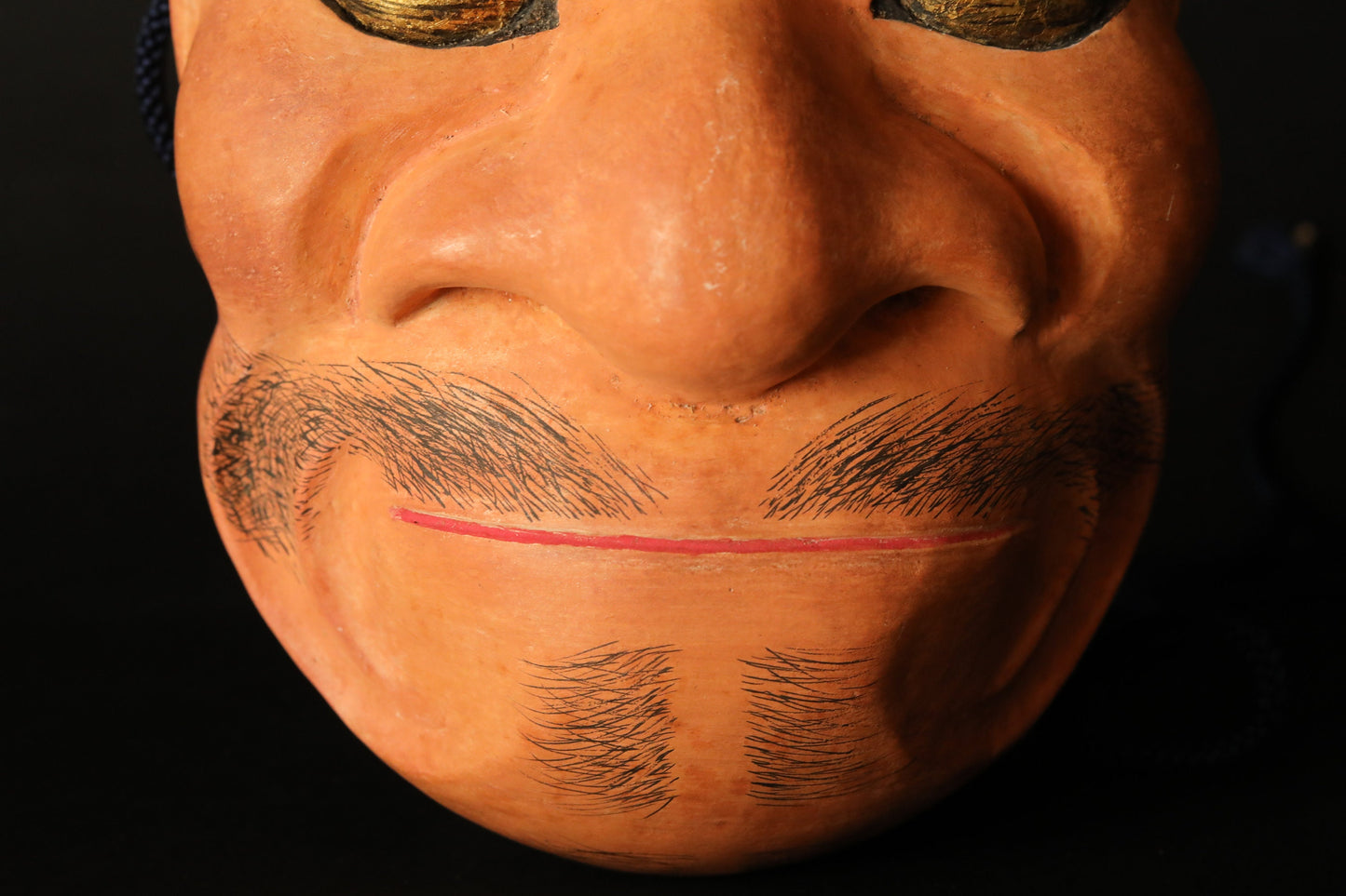 Japanese Noh Mask - Vintage Demon Wood Carving with Silk Pouch & Gold Eyes