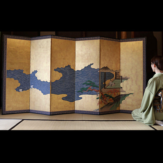 Antique Japanese Byobu - 1700s Tale of Genji Folding Screen Art with Gold Leaf