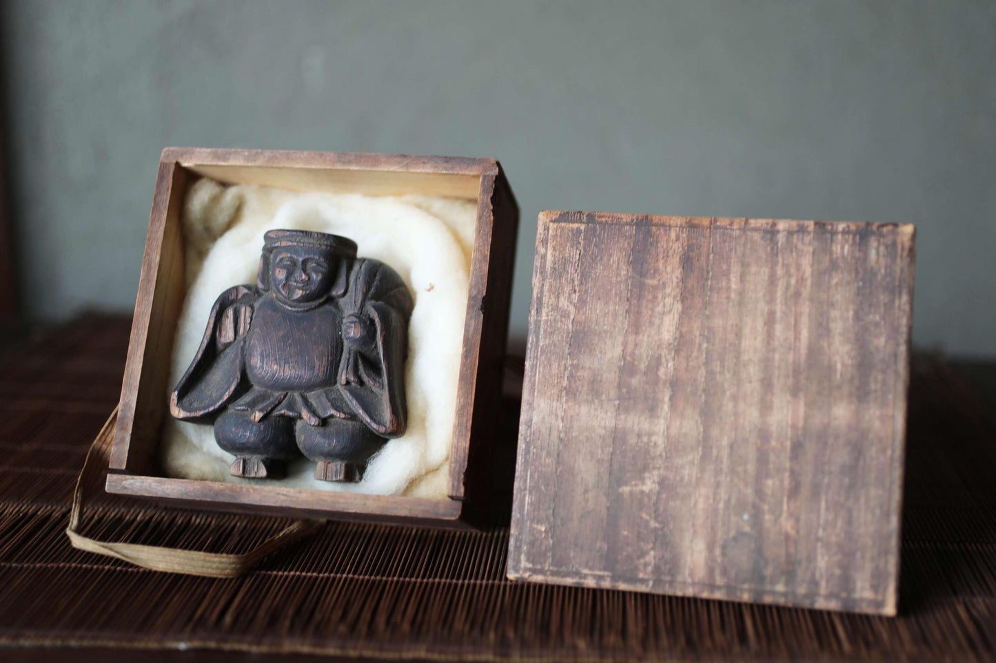 Daikoku Wooden Statue – Antique Edo Period Carving | Hand Carved Mascot With Susuke Patina
