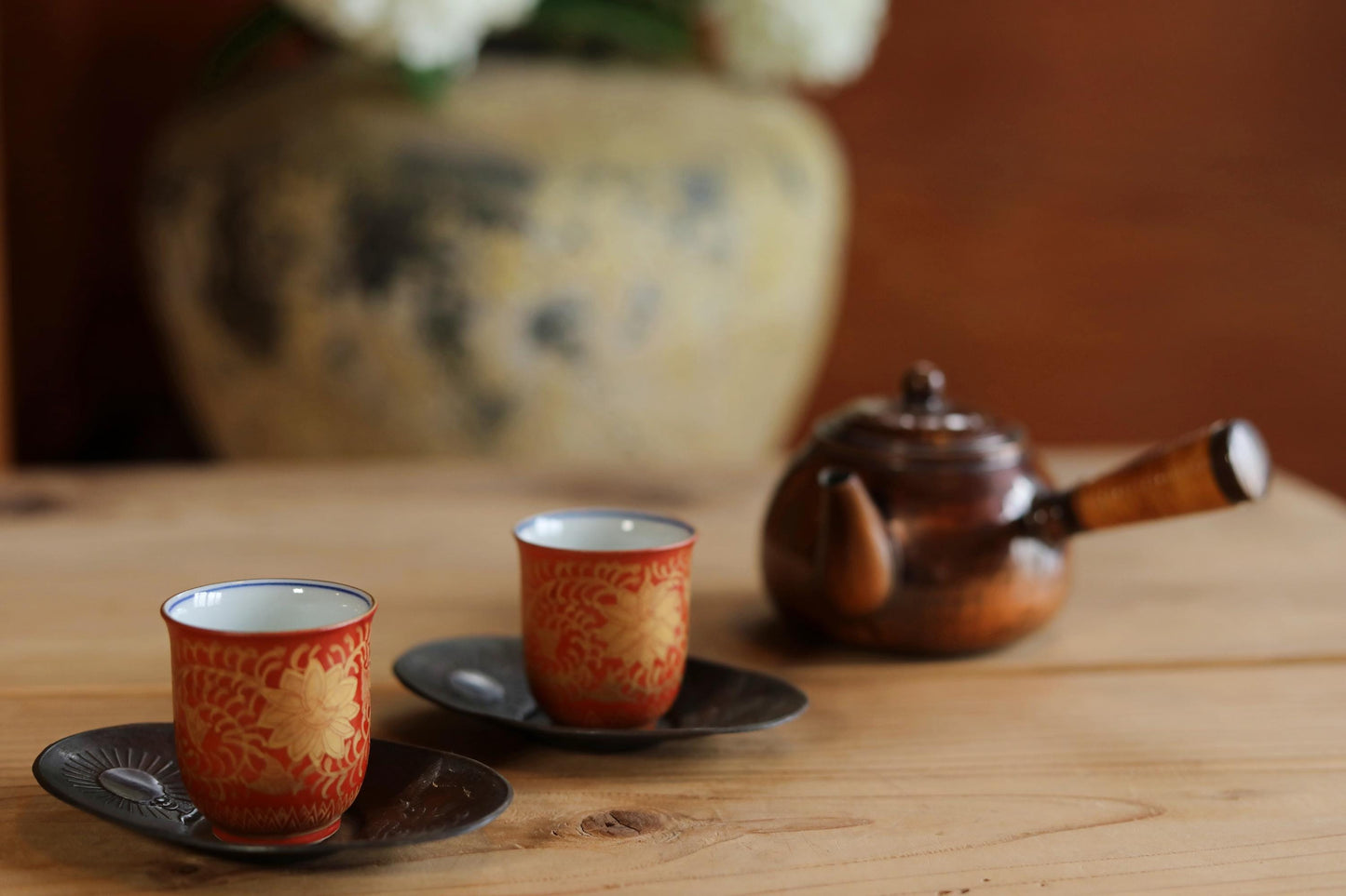 Antique Bronze Cup Saucers - Set of Five Japanese Tea Coasters with Phoenix Design