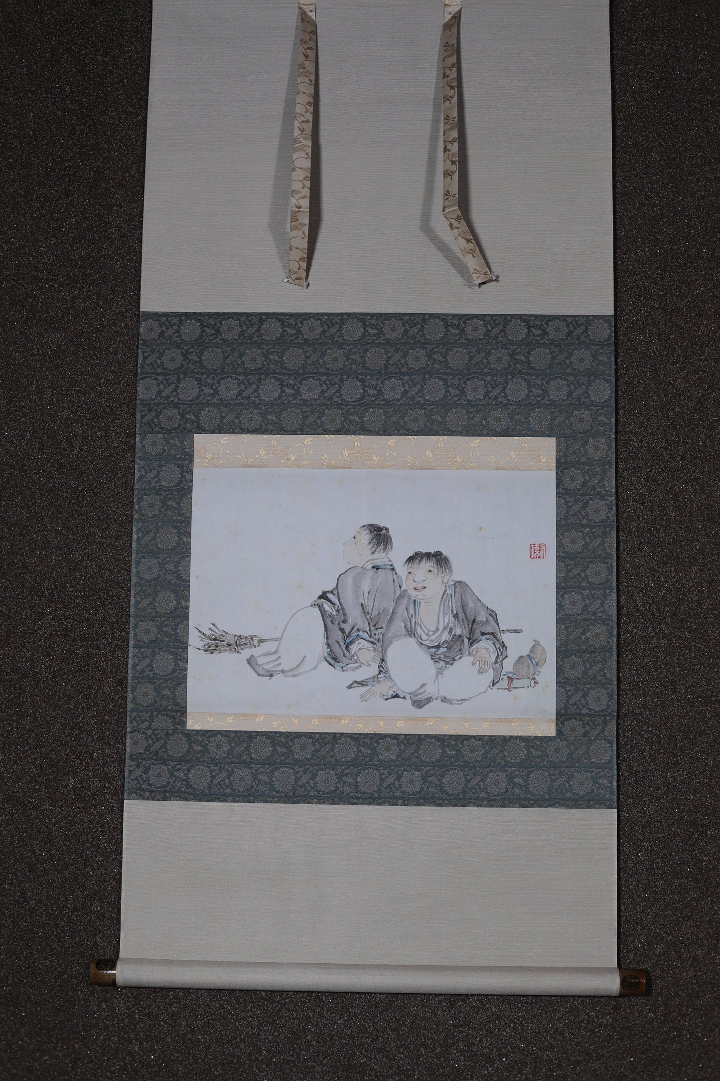Japanese Hanging Scroll - Vintage Ink Painting With Kids Monk Art & Ceramic Scroll Tip