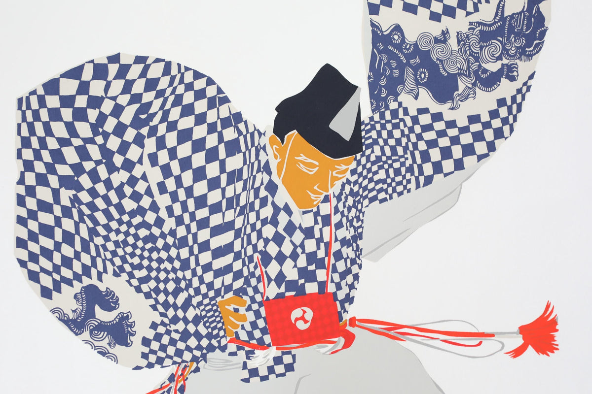 The image is a stylized illustration featuring a person wearing a checkered outfit with a red and white patterned bag.