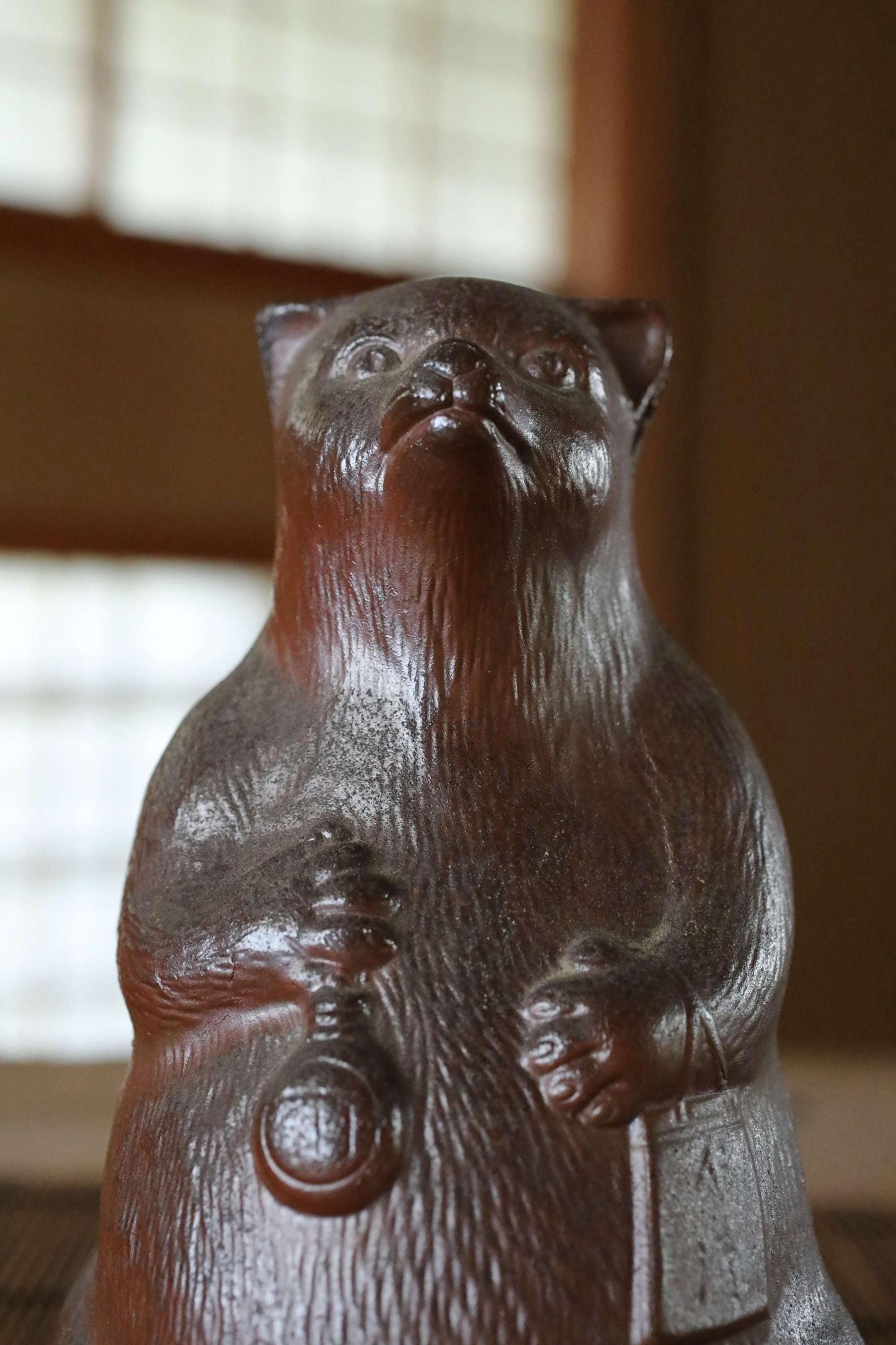 Bizen Ware Sake Bottle - Vintage Pottery Raccoon Dog Doll, Edo Era Craft