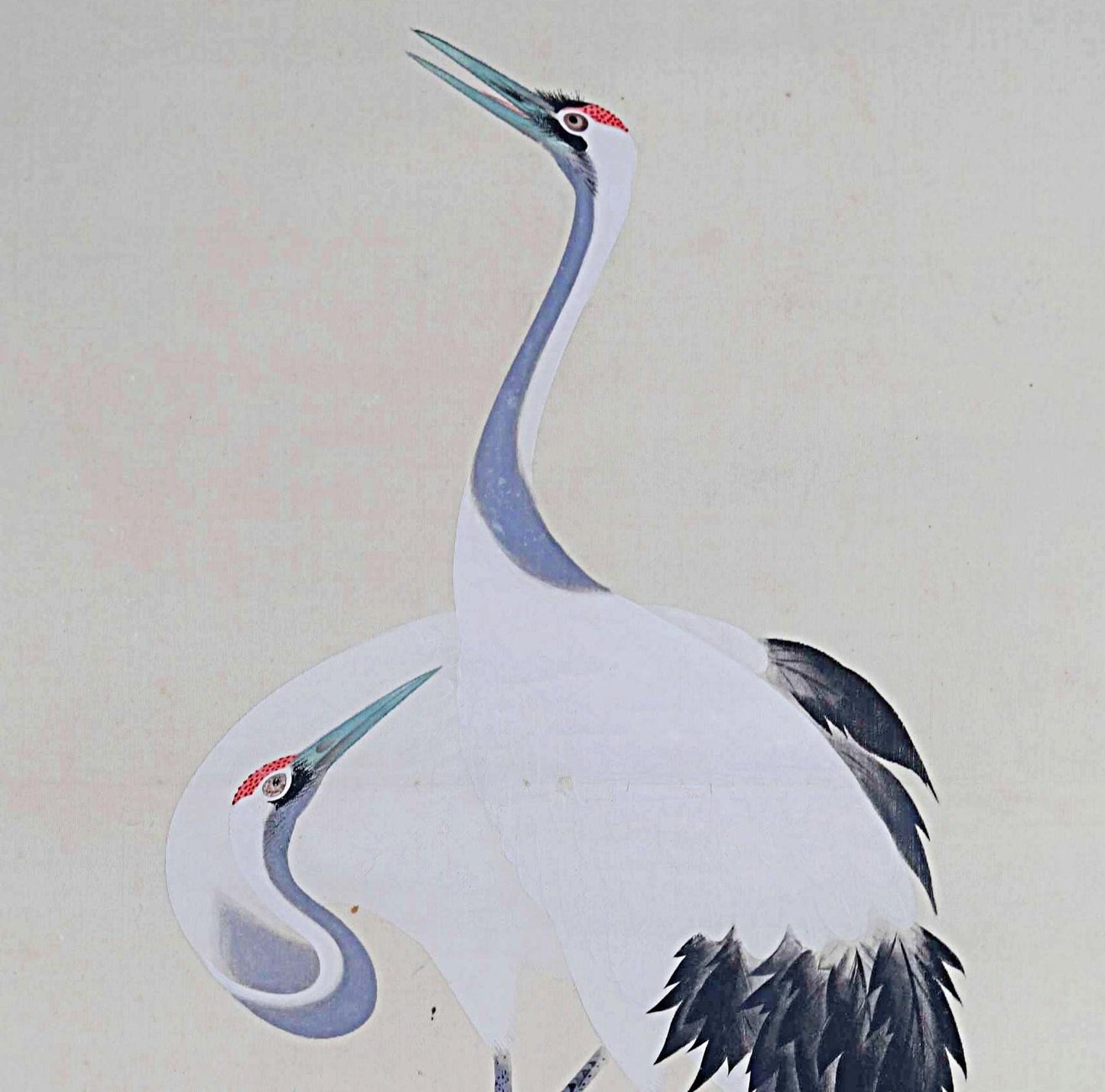 Japanese Hanging Scroll - Vintage Silk Mounted Painting of Pair of Cranes Artwork