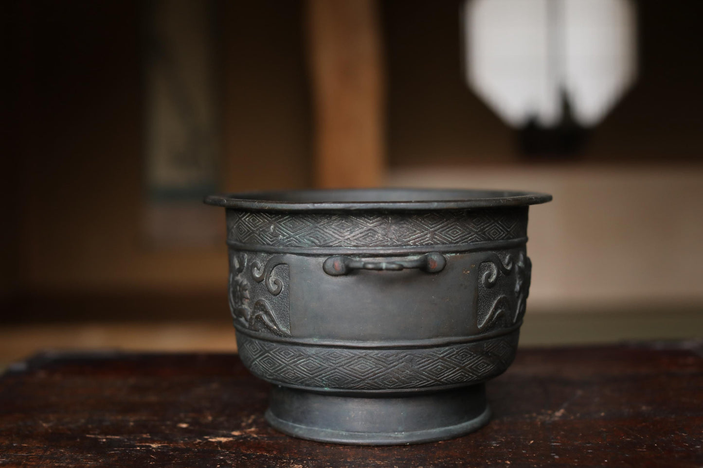 Antique Bronze Censer - Japanese Incense Burner with Lion and Peony Relief