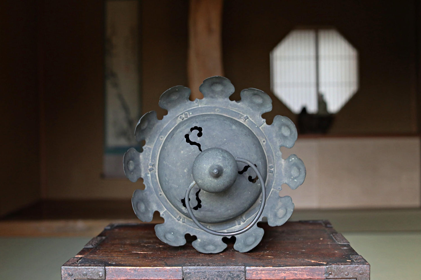 Japanese Buddhist Lantern - Antique Bronze Hanging Temple Lantern with Lotus Flower Design