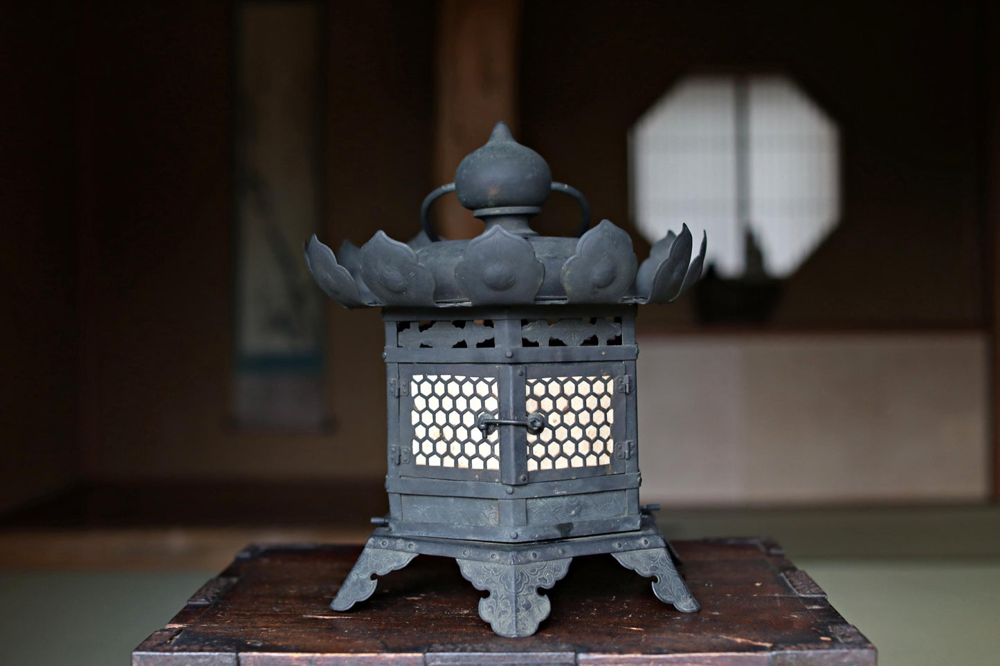 Japanese Buddhist Lantern - Antique Bronze Hanging Temple Lantern with Lotus Flower Design