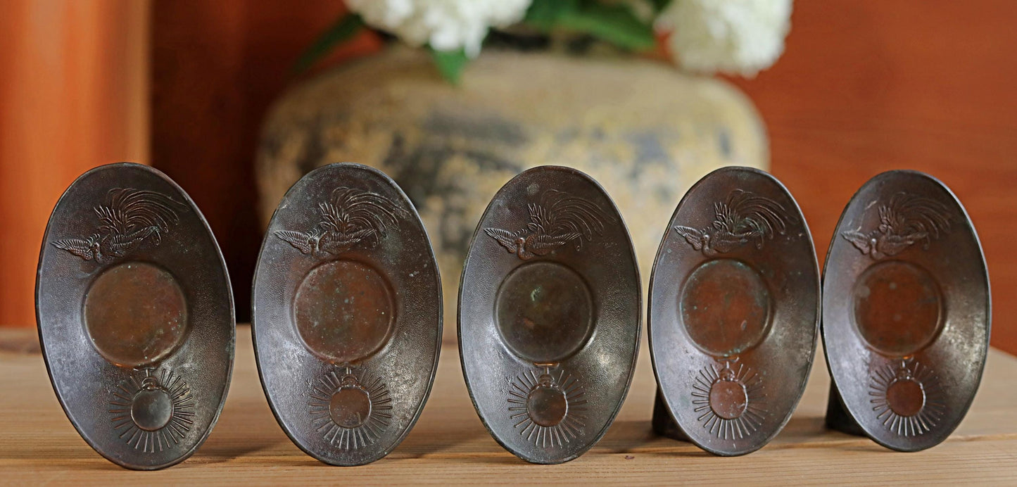 Antique Bronze Cup Saucers - Set of Five Japanese Tea Coasters with Phoenix Design