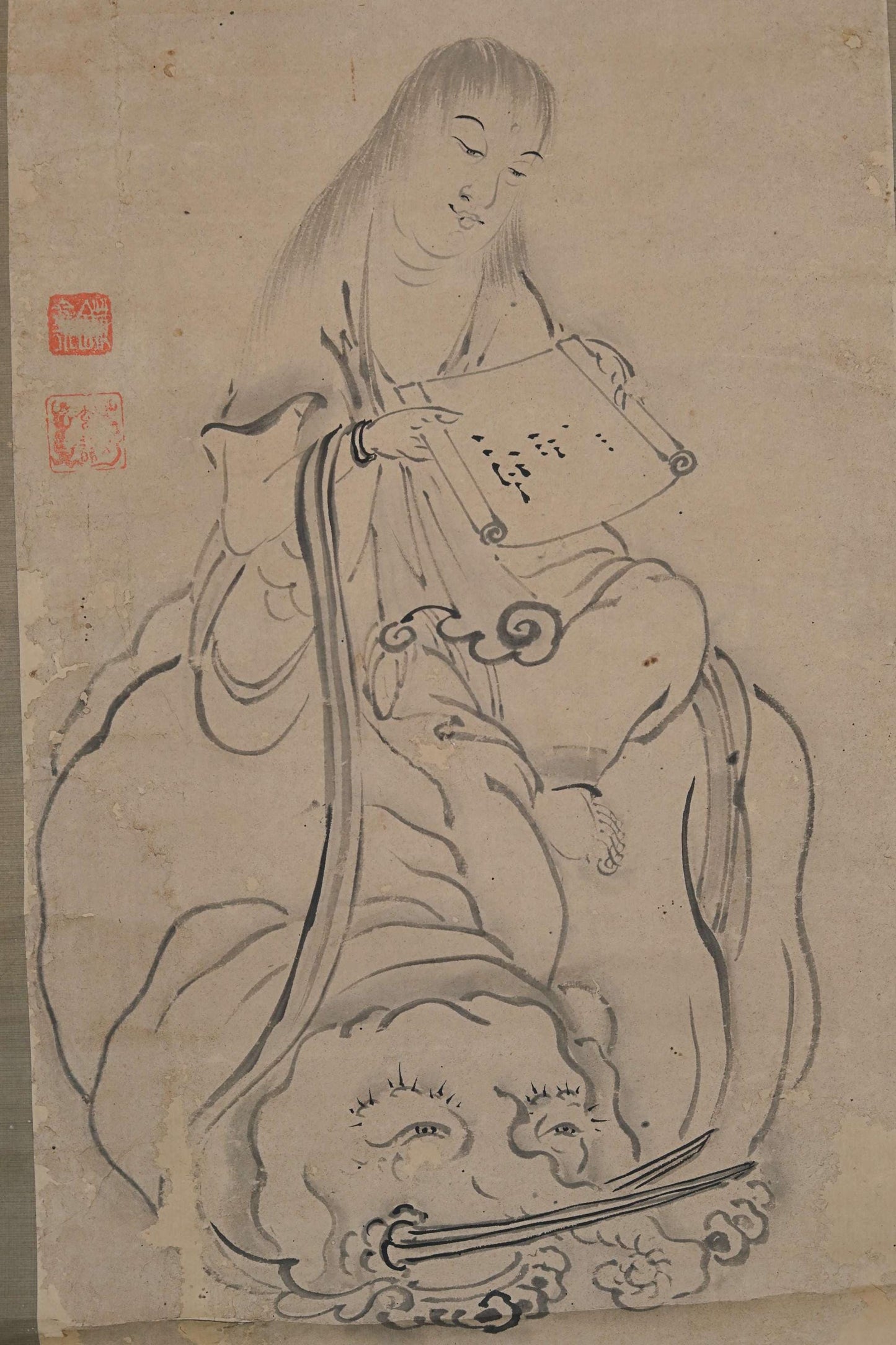 Japanese Antique Scroll – Bodhisattva Painting With Elephant | Vintage Kakejiku Art