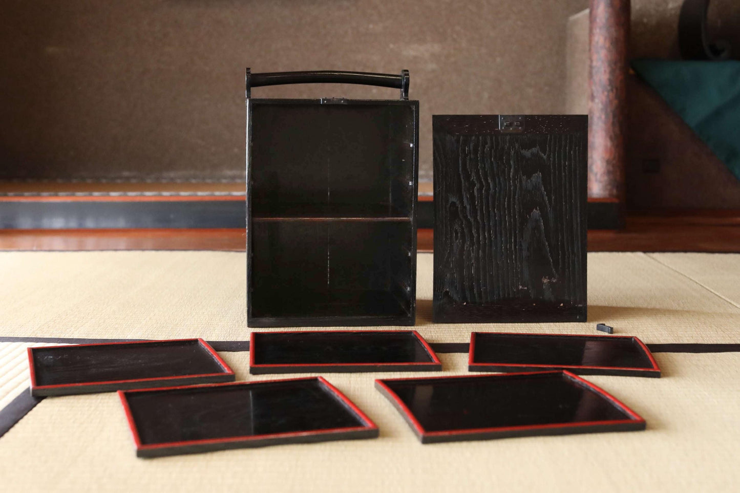 Japanese Lacquer Trays - Set of 5 Antique Wooden Trays with Black Obon Box