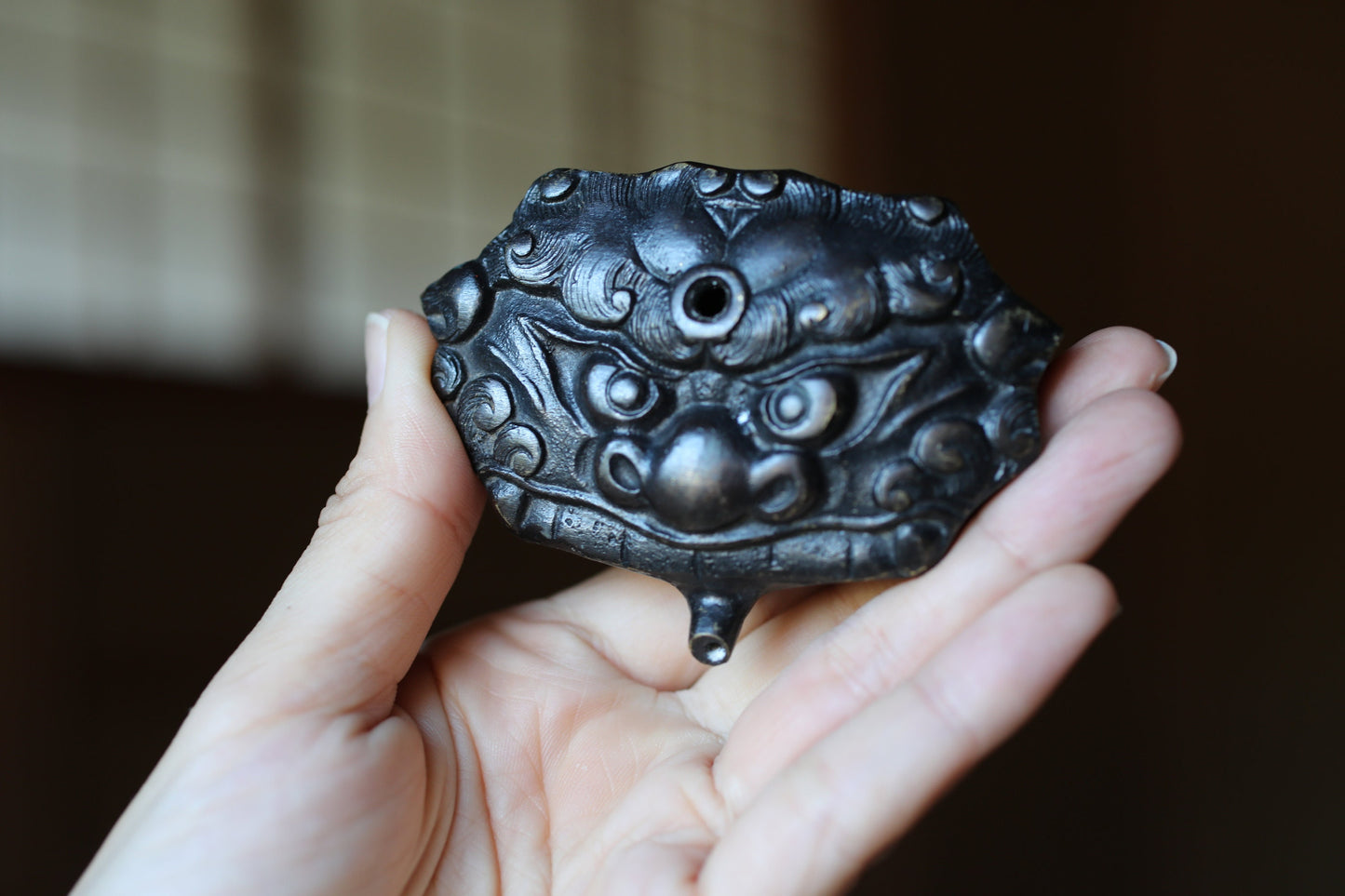 Antique Demon Water Dropper - Japanese Bronze Ink Container With Demon Face Motif