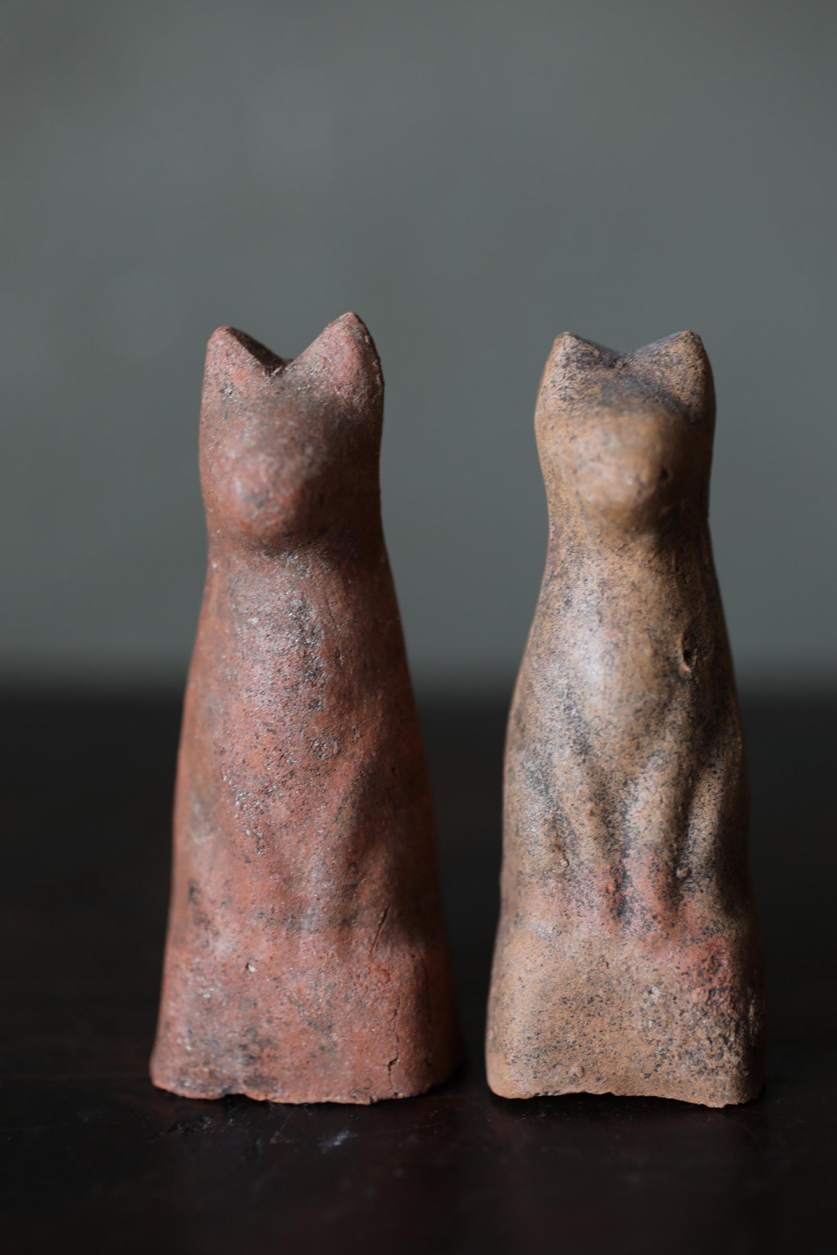 Japanese Antiques KITSUNE Dolls, Imado-yaki Pottery Pair (H3.7in)