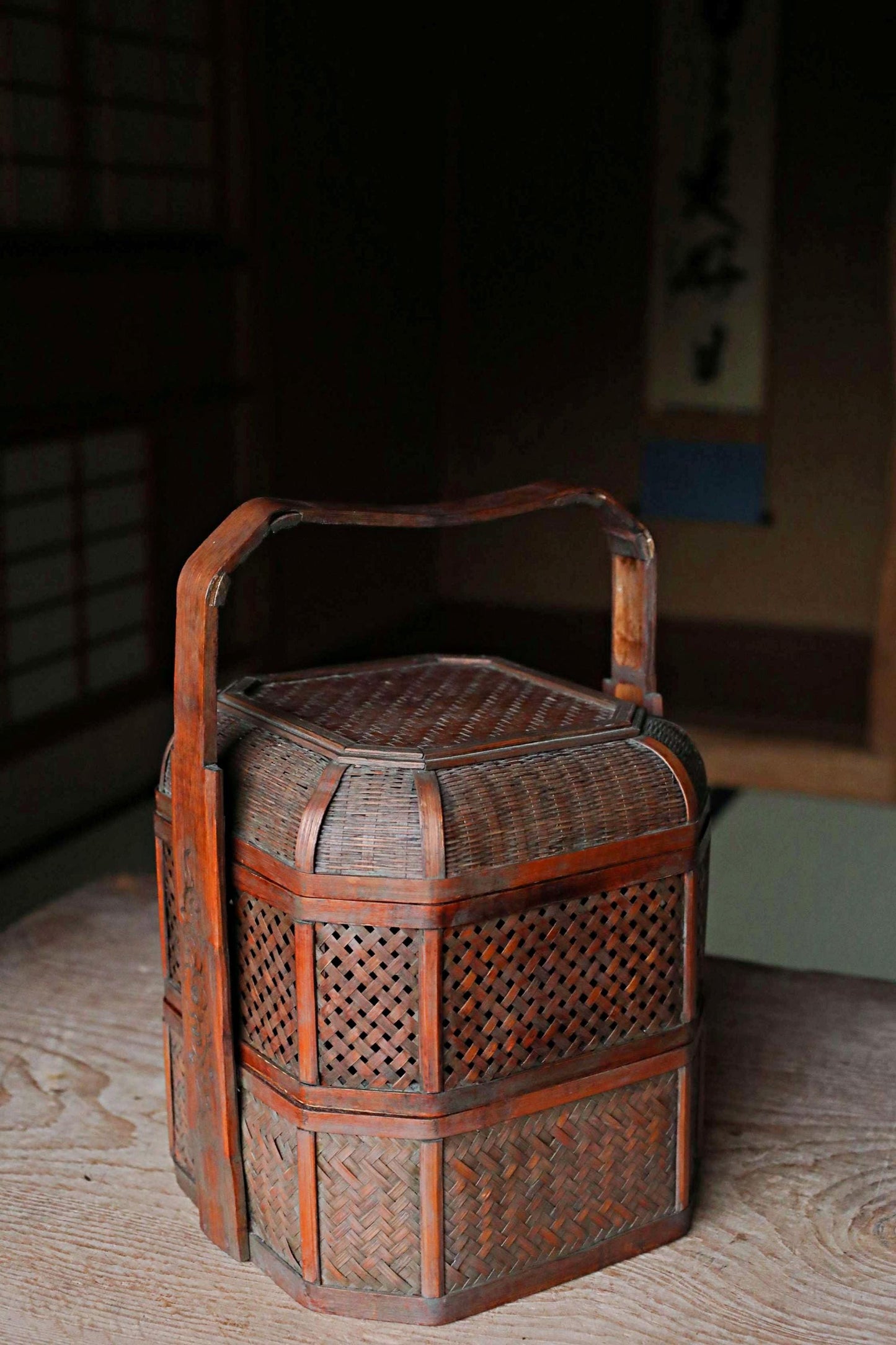 Vintage Bamboo Basket | Japanese Antique Basket, Woven Bamboo Box & Traditional Tea Carrier