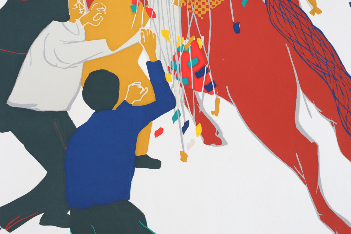 The image is a colorful abstract painting featuring a group of people interacting with various objects, such as a large red bird, a yellow bird, and a red and yellow bird.
