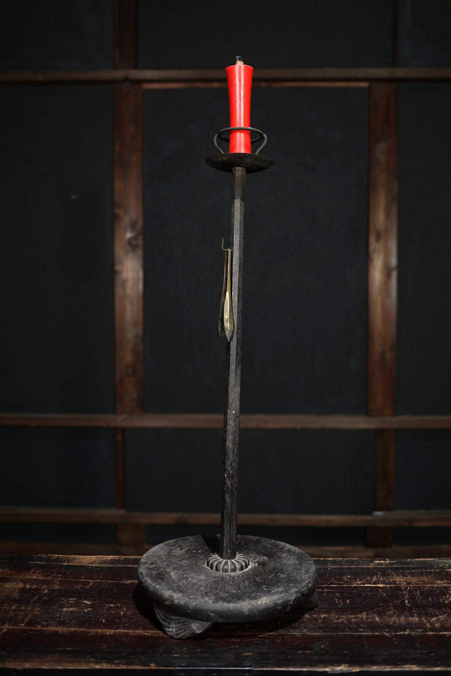 Antique Wooden Candlestick - Large Japanese Edo Period Lantern With Flower Carved Base