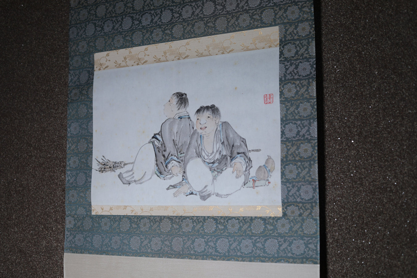 Japanese Hanging Scroll - Vintage Ink Painting With Kids Monk Art & Ceramic Scroll Tip