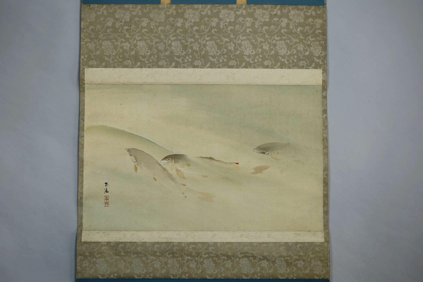 Japanese Watercolor Scroll - Antique Meiji Era Sweetfish Ayu Painting | Signed Kakejiku