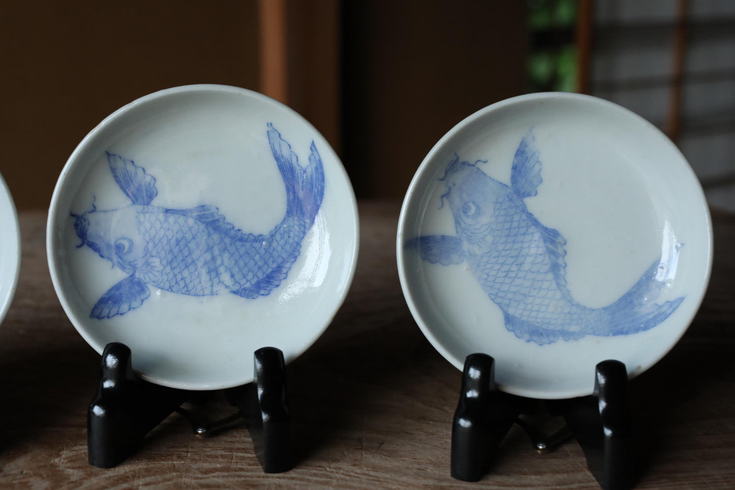 Vintage Japanese Porcelain Plates – Set of 8 Small Blue White Koi Carp Fish Design