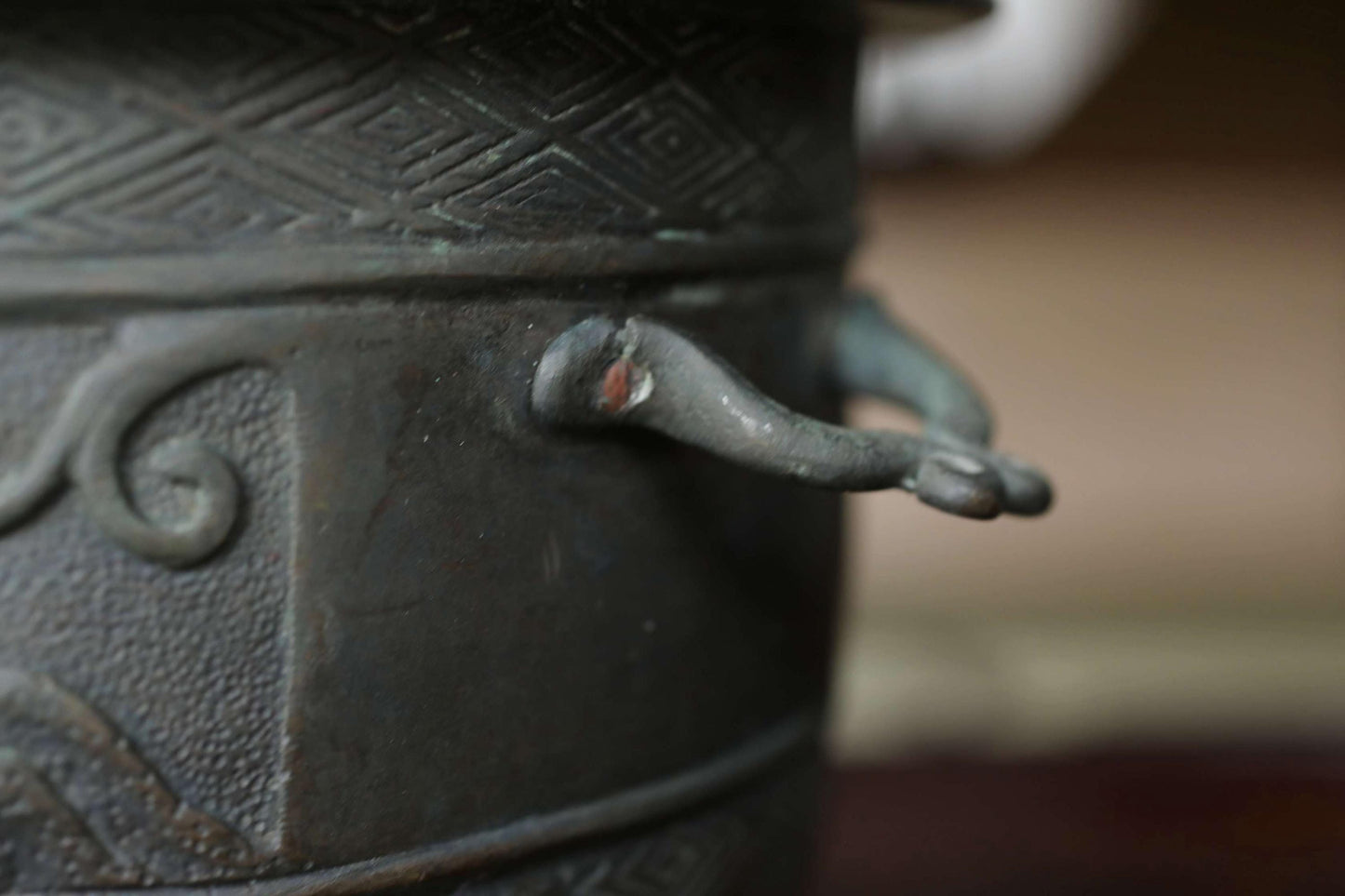 Antique Bronze Censer - Japanese Incense Burner with Lion and Peony Relief