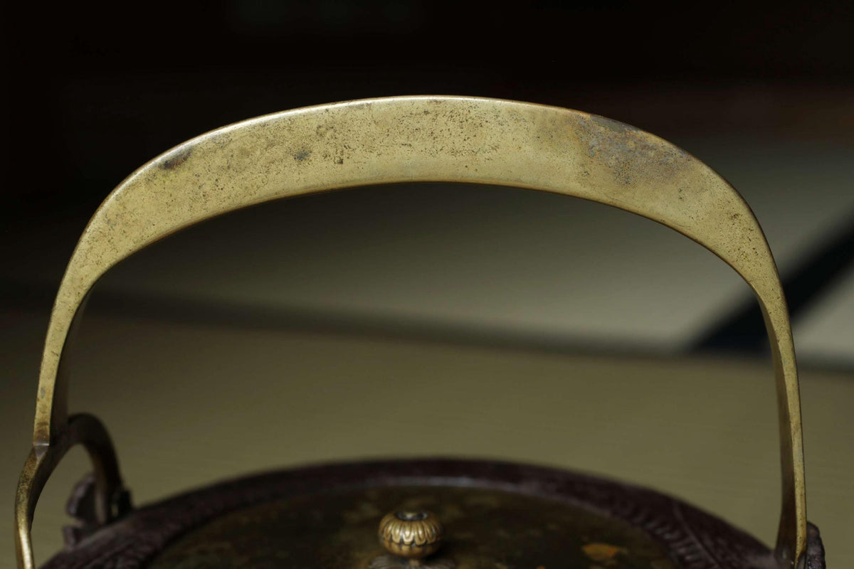 A close-up view of a brass-colored metal handle or spout, with a dark brown or maroon-colored base.