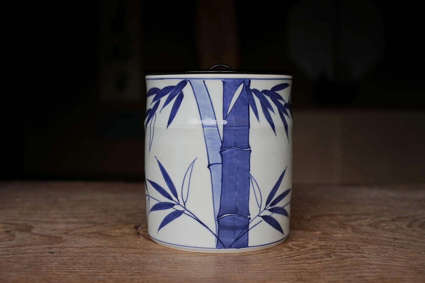 Vintage Mizusashi Jar - Sometsuke Porcelain Tea Vessel with Lacquered Wood Lid