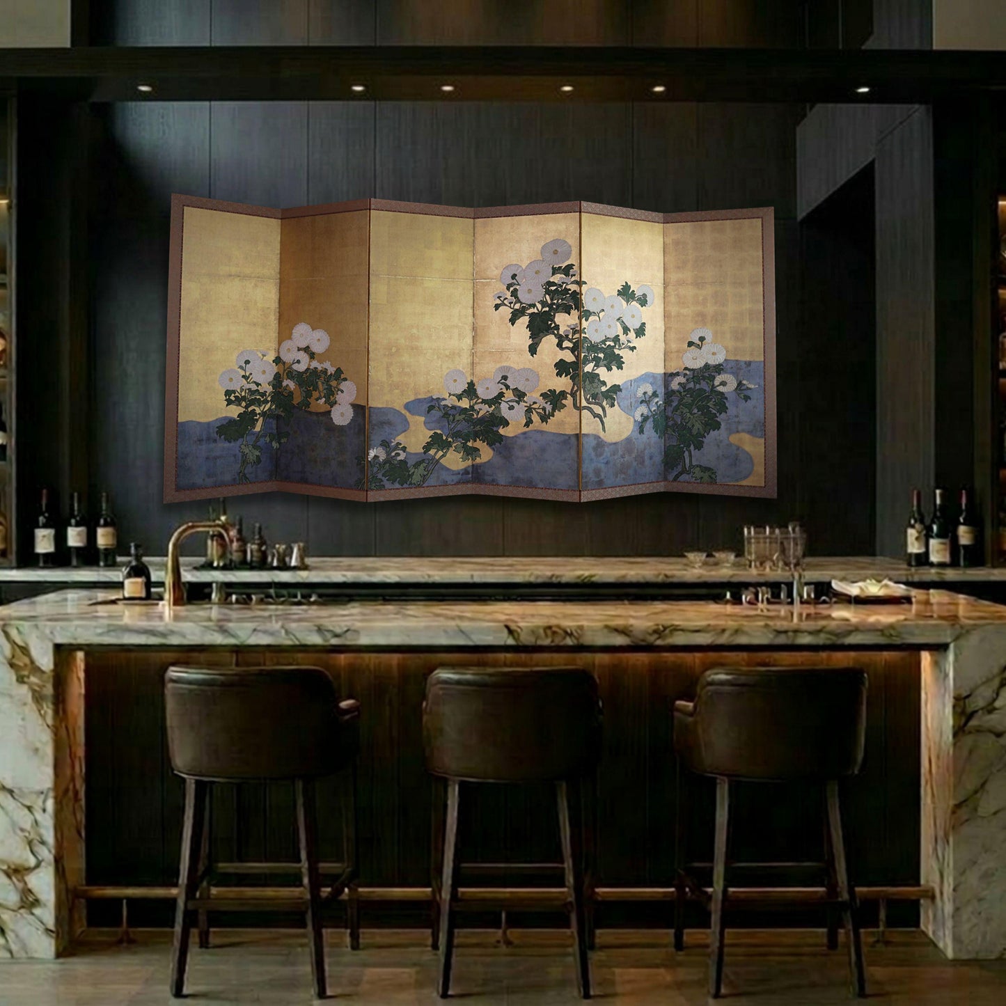 a modern bar with a large, colorful, and intricate Japanese-style artwork hanging on the wall behind the bar. The artwork displays a floral design with white flowers and green leaves, creating a visually appealing focal point in the space. The bar is equipped with a marble countertop and bar stools, providing a sophisticated and elegant atmosphere for patrons to enjoy their drinks.