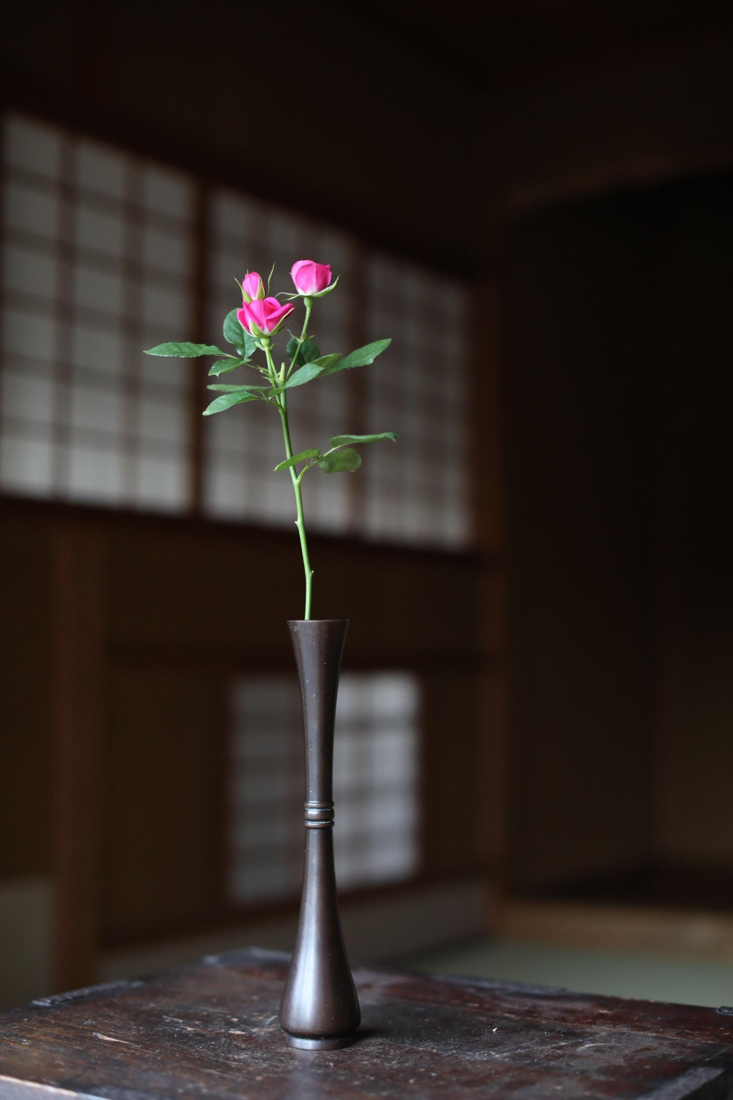 Vintage Bronze Vase - Japanese Ikebana Flower Vase With Crane Neck Design & Signed Wooden Box