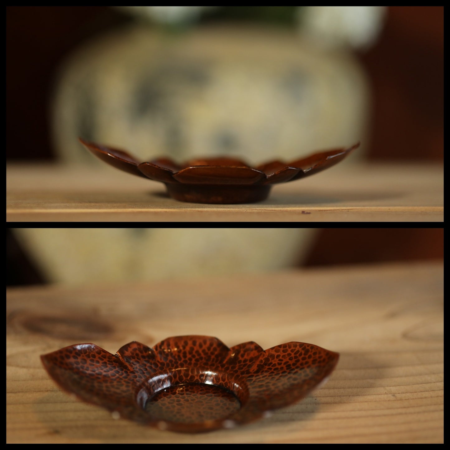 Japanese Tea Coasters - Hand Hammered Copper Coasters Set with Flower Design