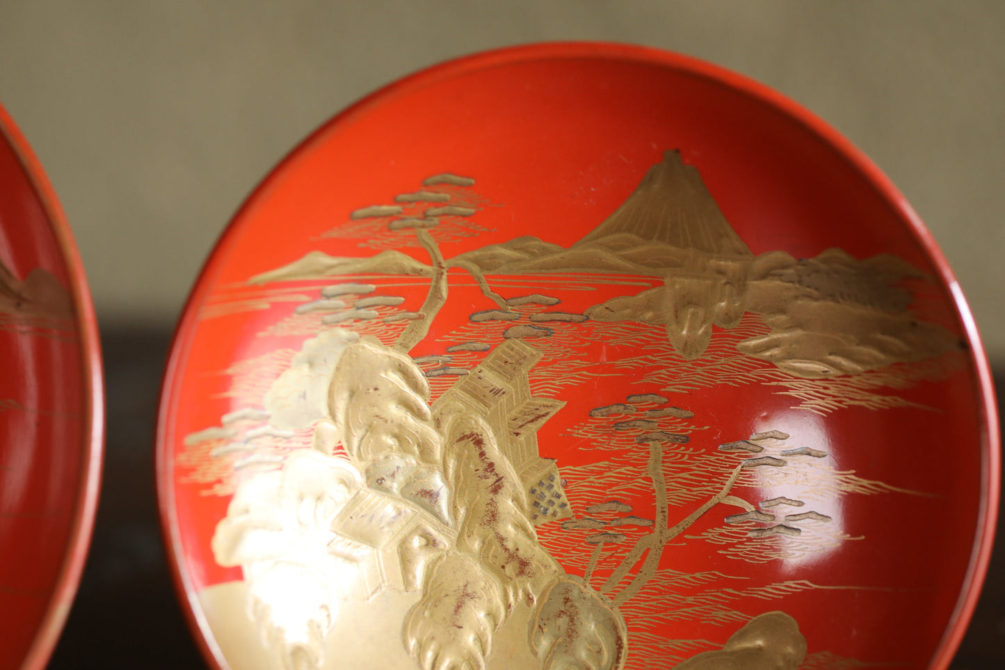 Japanese Urushi Sake Cups - Pair of Gold Makie Design Wooden Mt Fuji Cups