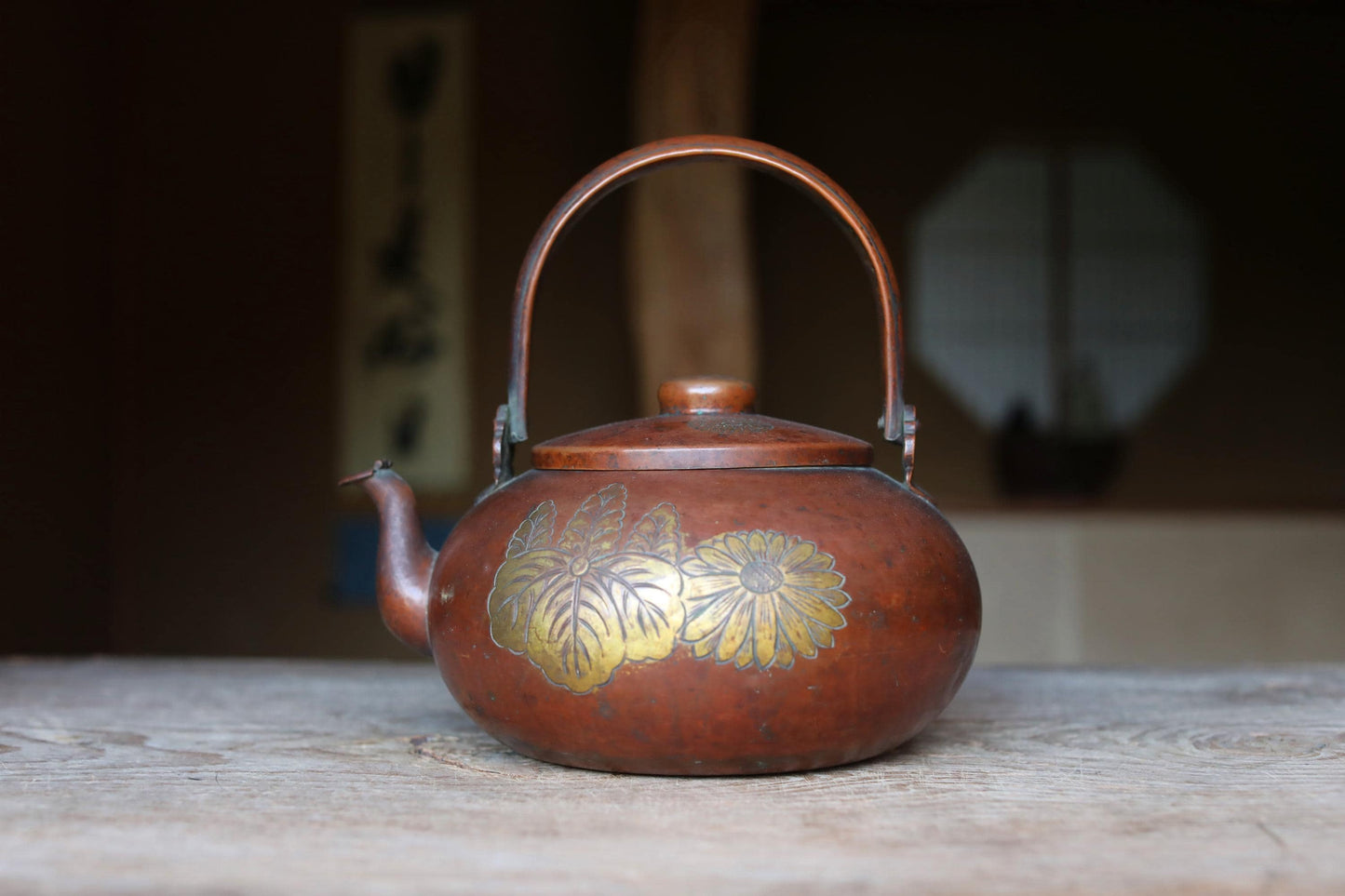 Antique Copper Kettle - Large Japanese Tea Pot With Chrysanthemum & Paulownia Design