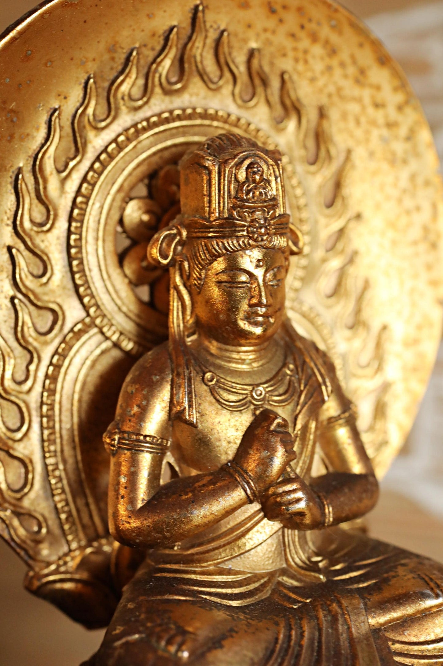 Mahavairocana Buddha Statue – Japanese Gold Metal Sculpture, Intricate Carving 15cm