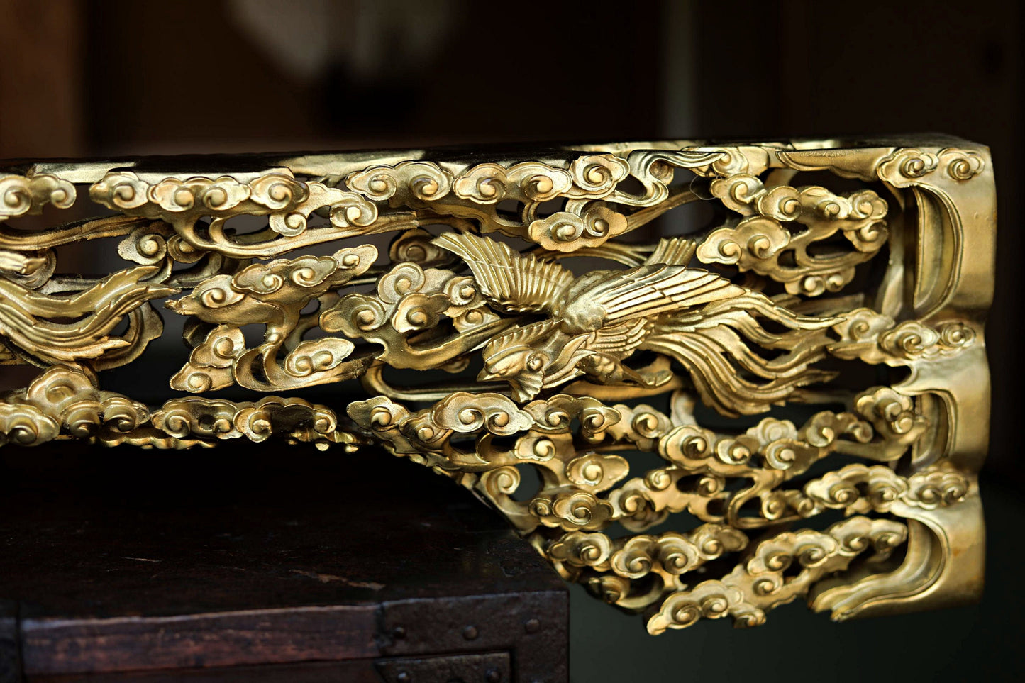 Japanese Gold Phoenix Carving – Hand Carved Wood Panel With Celestial Clouds