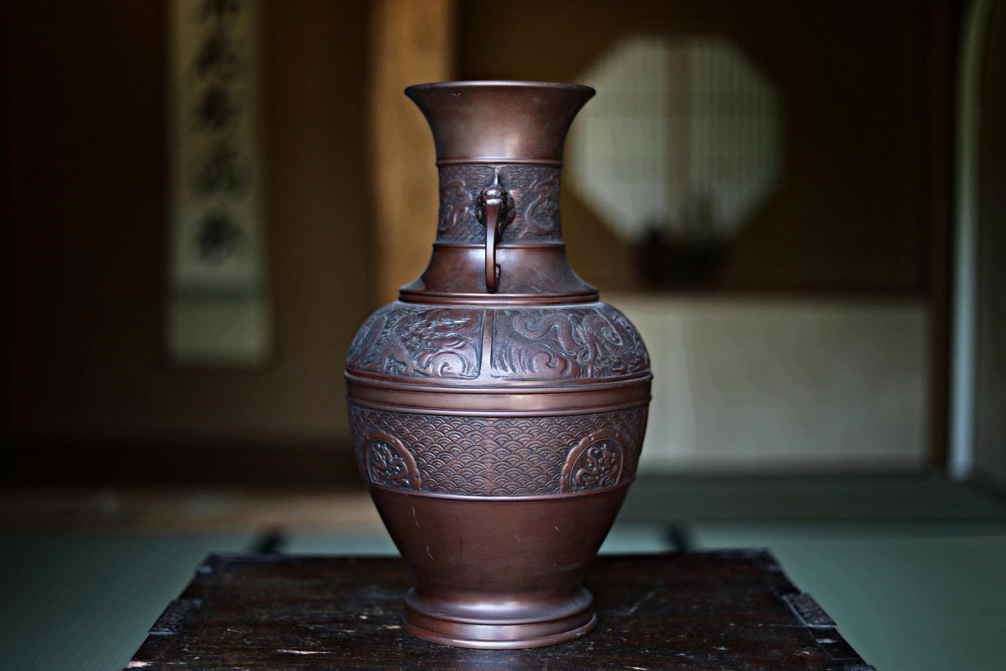 Japanese Bronze Vase – Vintage Dragon Phoenix Relief | Takaoka Copper Art 1950s