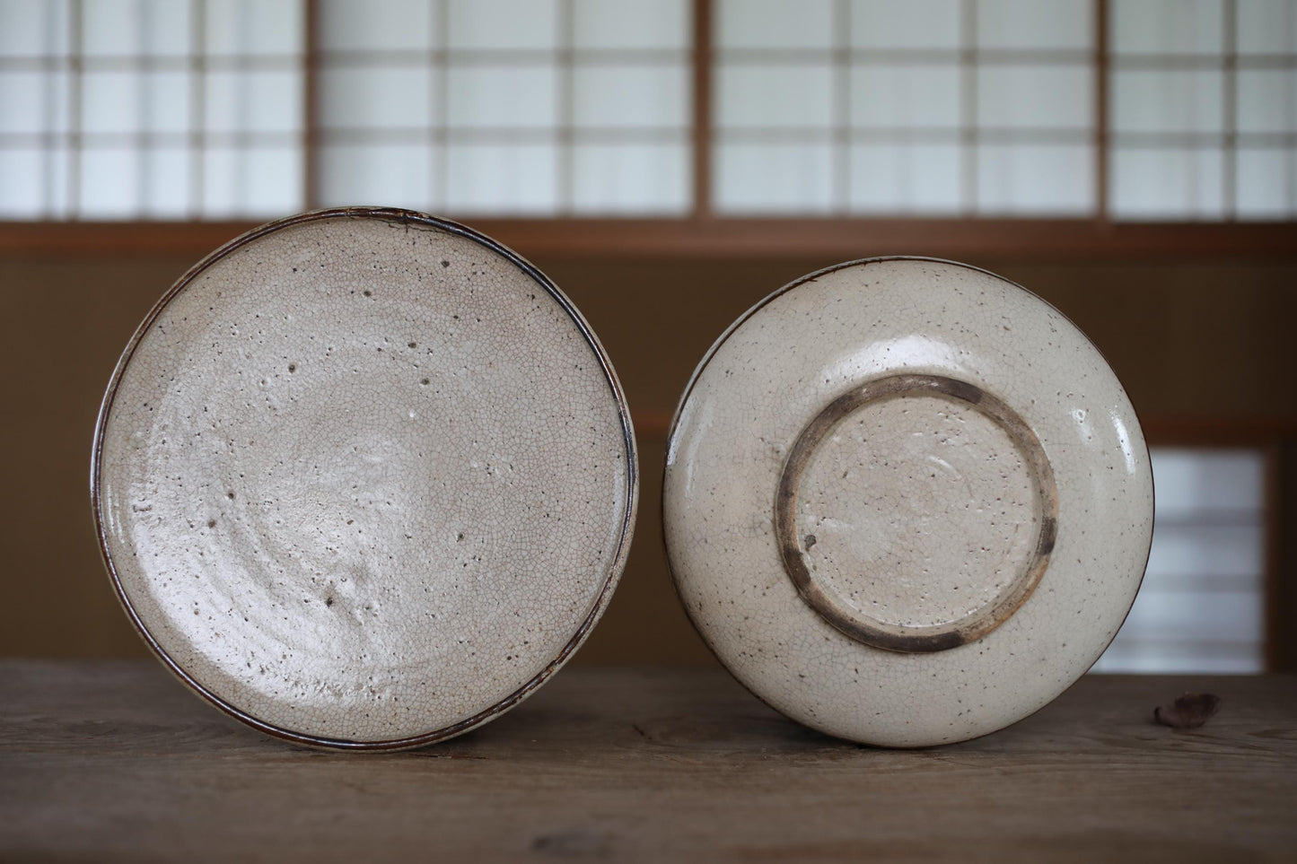 Two white ceramic plates with a circular design sit on a wooden surface, with a blurred background suggesting an indoor setting.