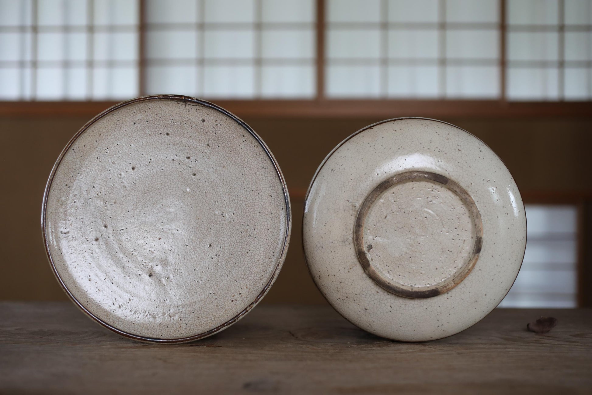 Two white ceramic plates with a circular design sit on a wooden surface, with a blurred background suggesting an indoor setting.