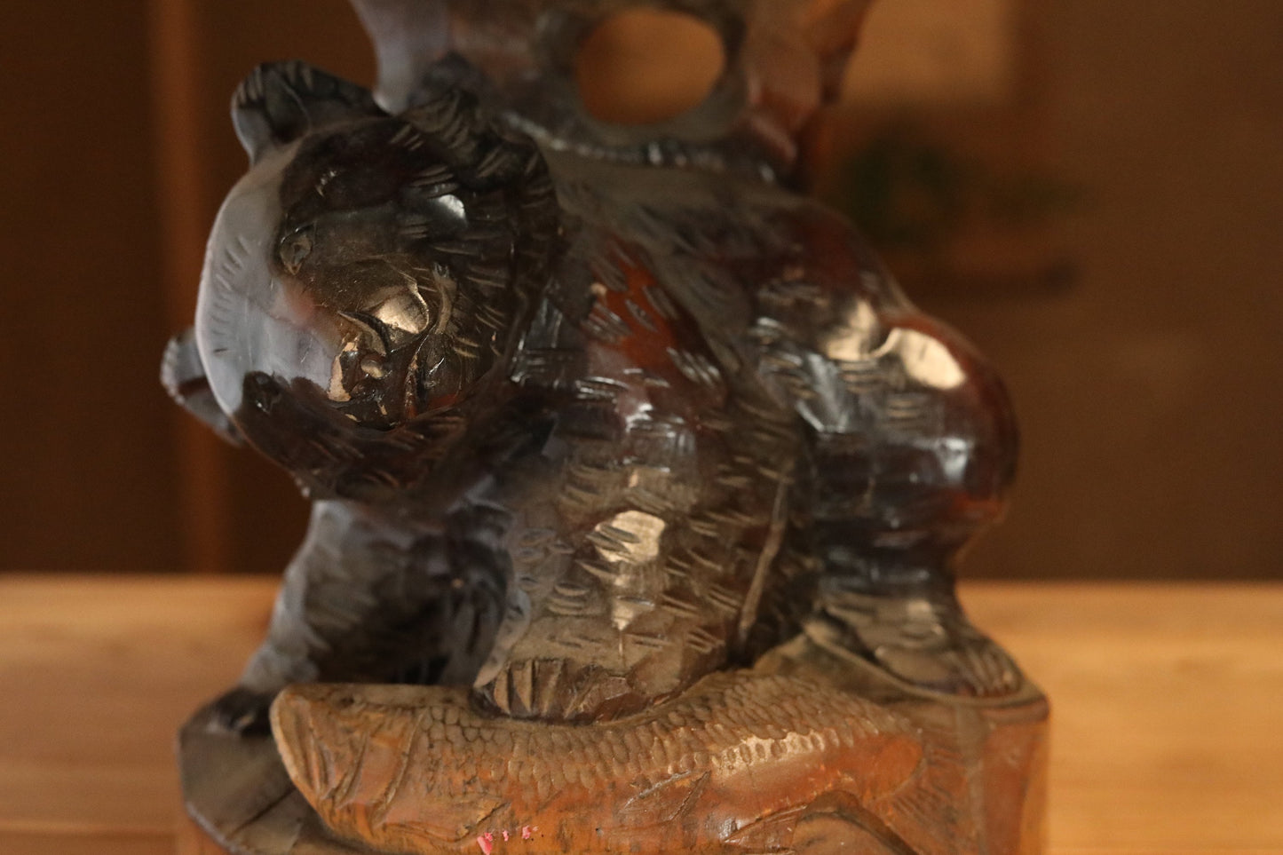 Vintage Wood Bear Sculpture - Hand Carved Japanese Wooden Bear Figurine Pedestal