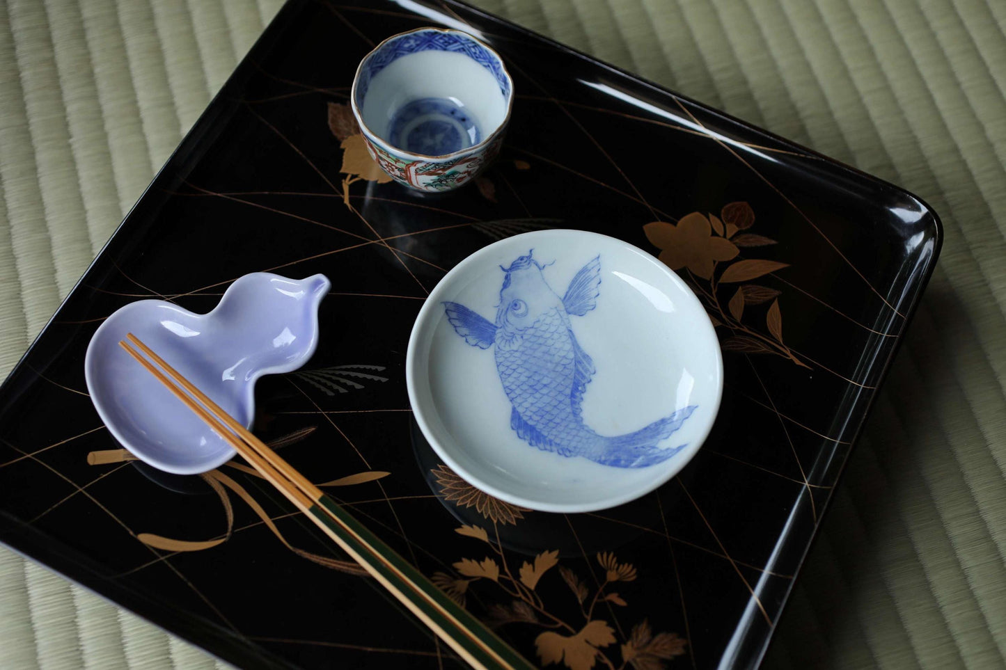 Japanese Porcelain Plates – Vintage Indigo Carp Design | Set of 8 Handmade Ceramic Dishes