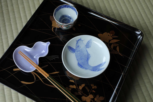 Japanese Porcelain Plates – Vintage Indigo Carp Design | Set of 8 Handmade Ceramic Dishes