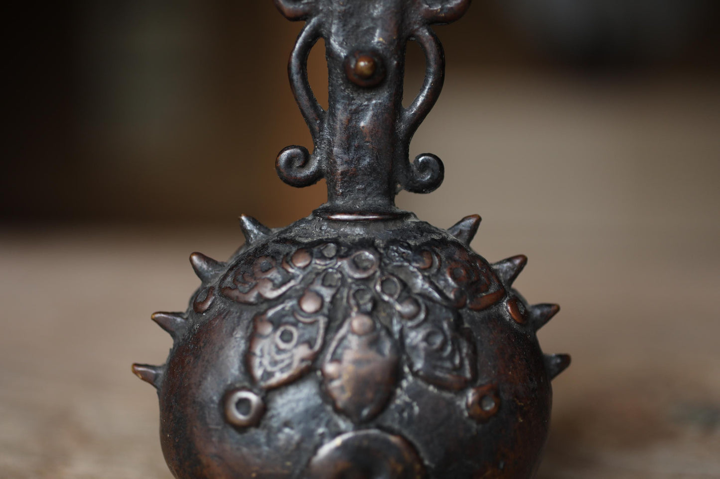 Antique Japanese Bronze Bell - 1800s Buddhist Sorcerer Handle | Tea Ceremony Doorbell