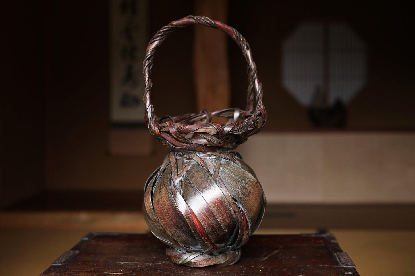 Vintage Bamboo Basket - Japanese Woven Ikebana Flower Container | Smoke Stained
