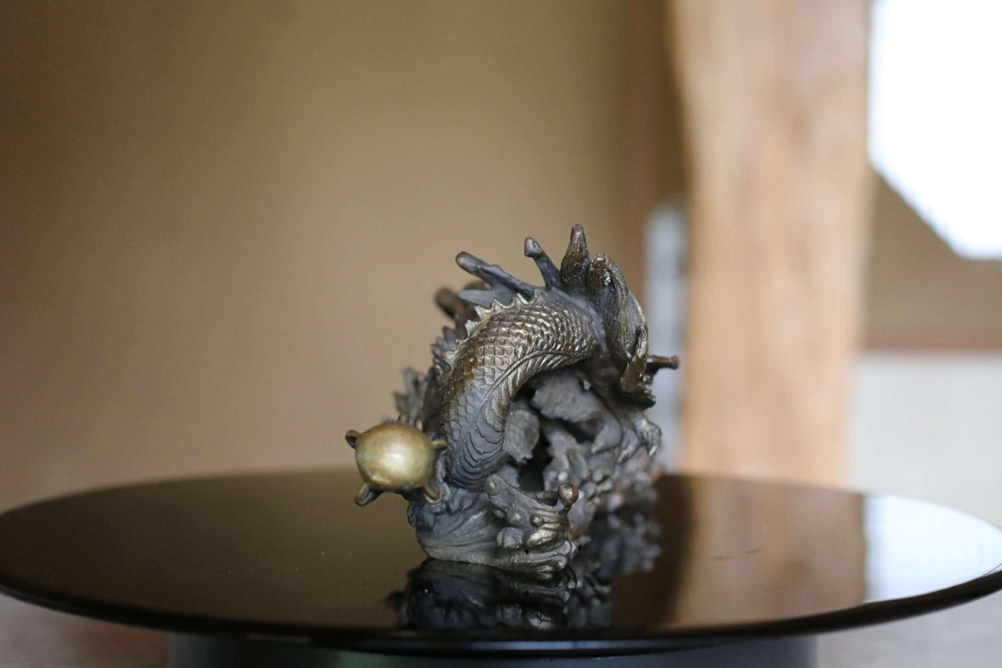 Japanese Dragon Statue - Bronze Dragon Figurine With Crystal Ball, Feng Shui Decor