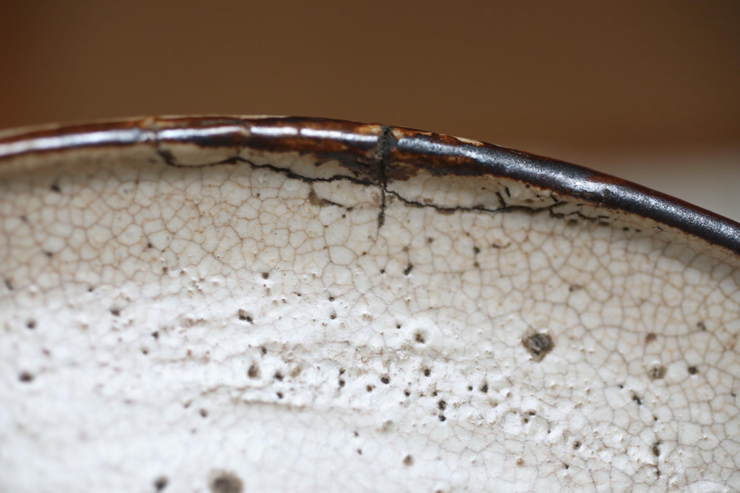 A close-up view of a white ceramic bowl with a cracked and chipped surface, revealing the natural texture and patterns of the material.