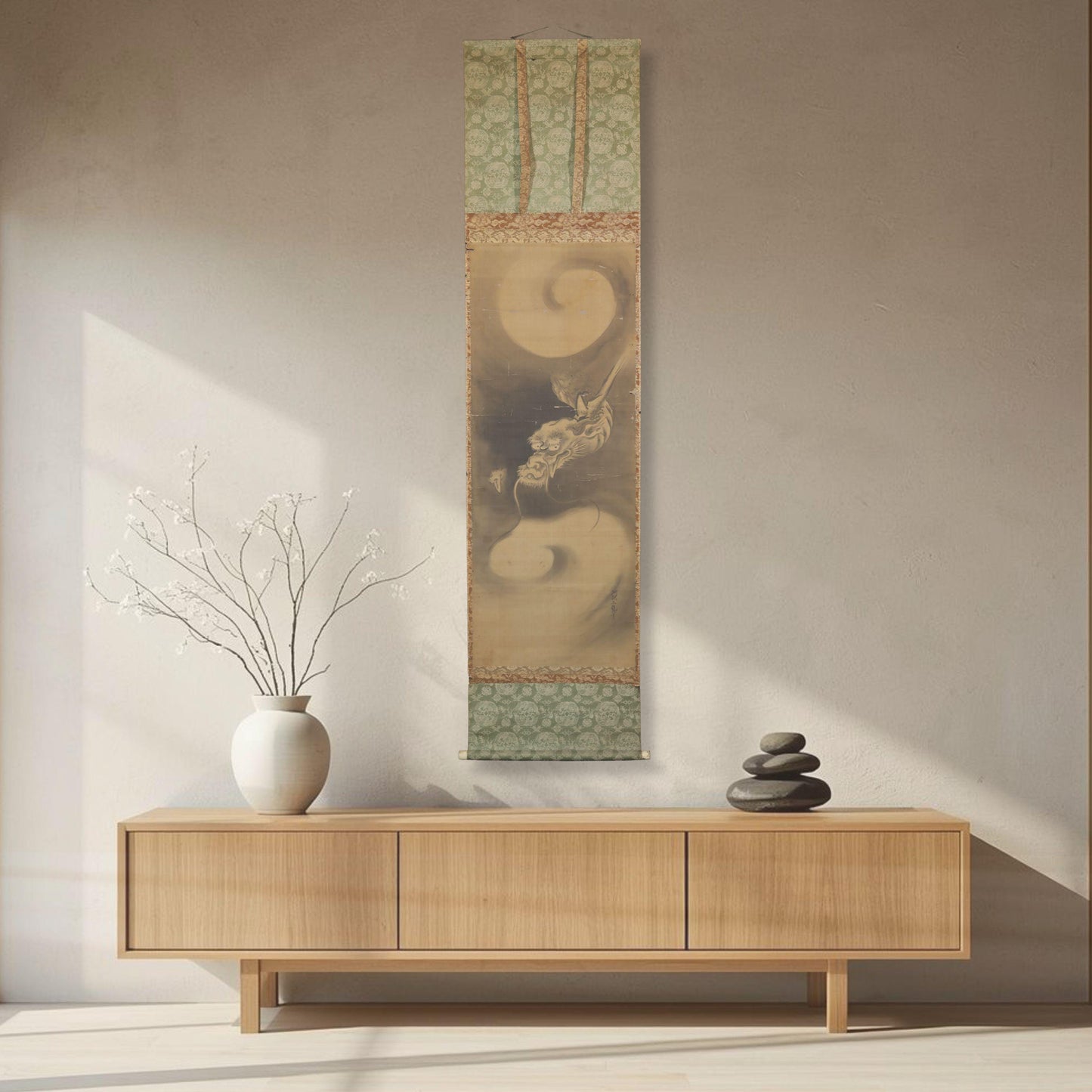Antique Japanese Dragon Scroll – Edo Period Art | Rising Dragon Painting on Silk Brocade