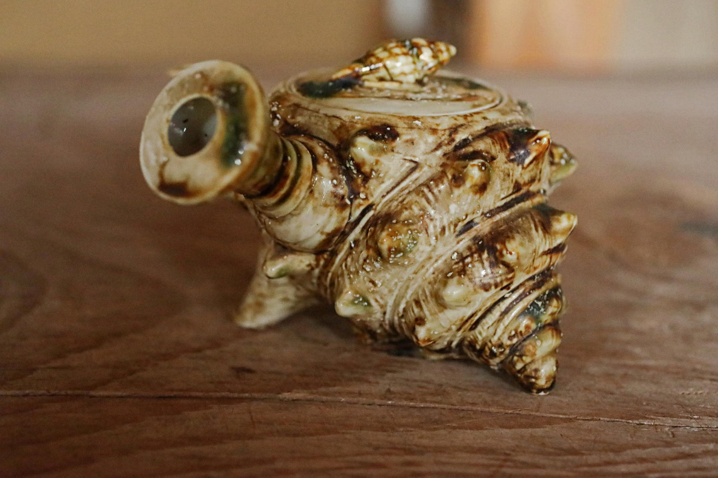 Vintage Ceramic Teapot - Japanese Sencha Tea Pot with Turban Shell Design & Green Oribe Glaze