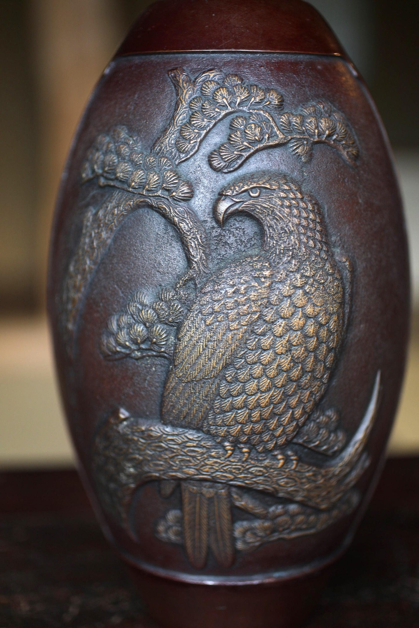 Vintage Bronze Vase - Japanese Bronze Art with Eagle & Pine Tree Relief, Takaoka Lost Wax