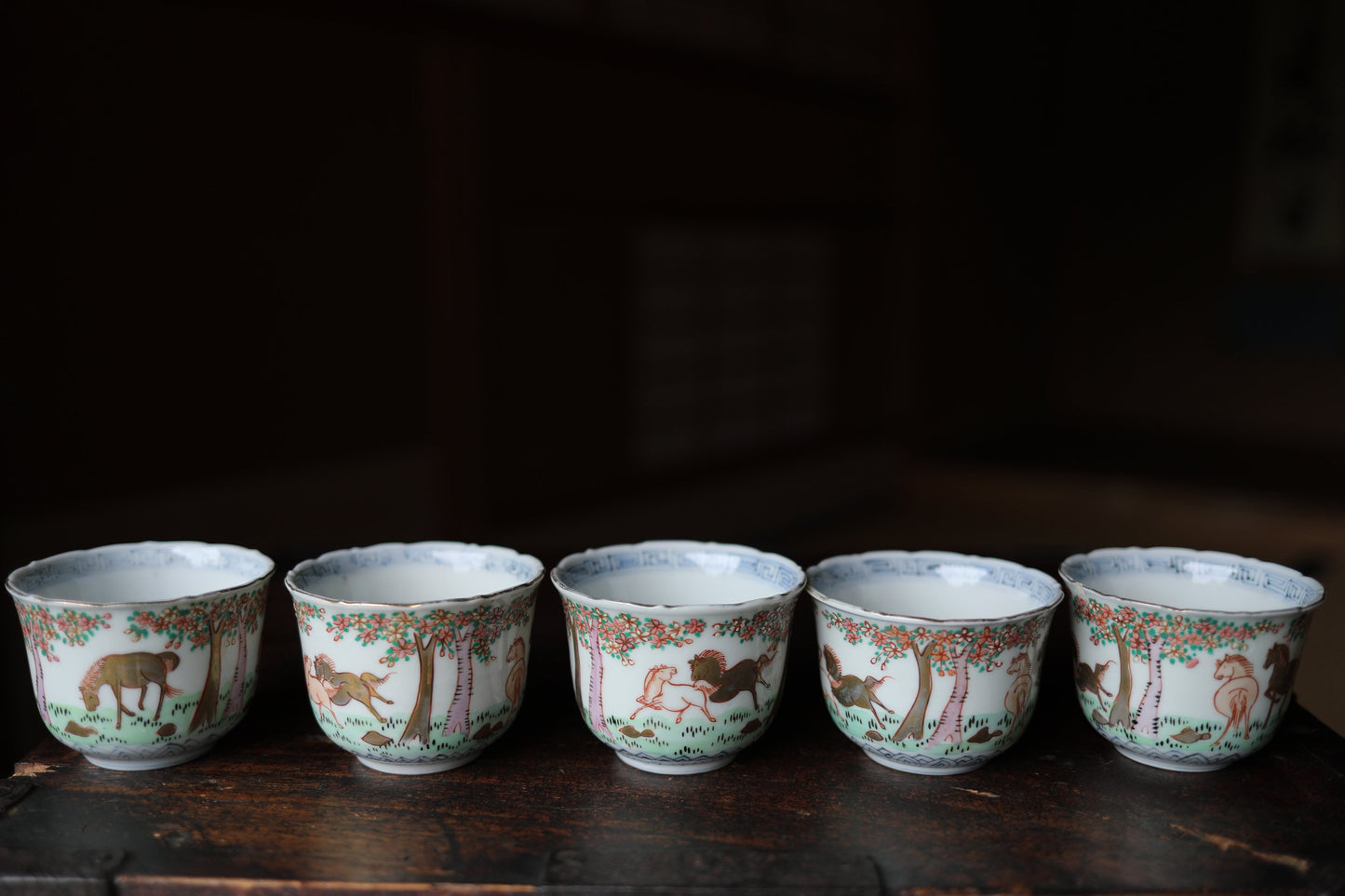 Kutani Sobachoko Cups - Antique Porcelain Tea & Sake Set with Hand-Painted Horses, Floral Rim Design