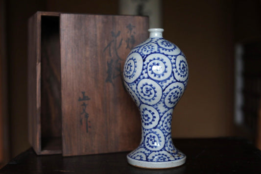 Vintage Koimari Sake Bottle - Indigo Blue Porcelain Vase With Octopus Arabesque Pattern
