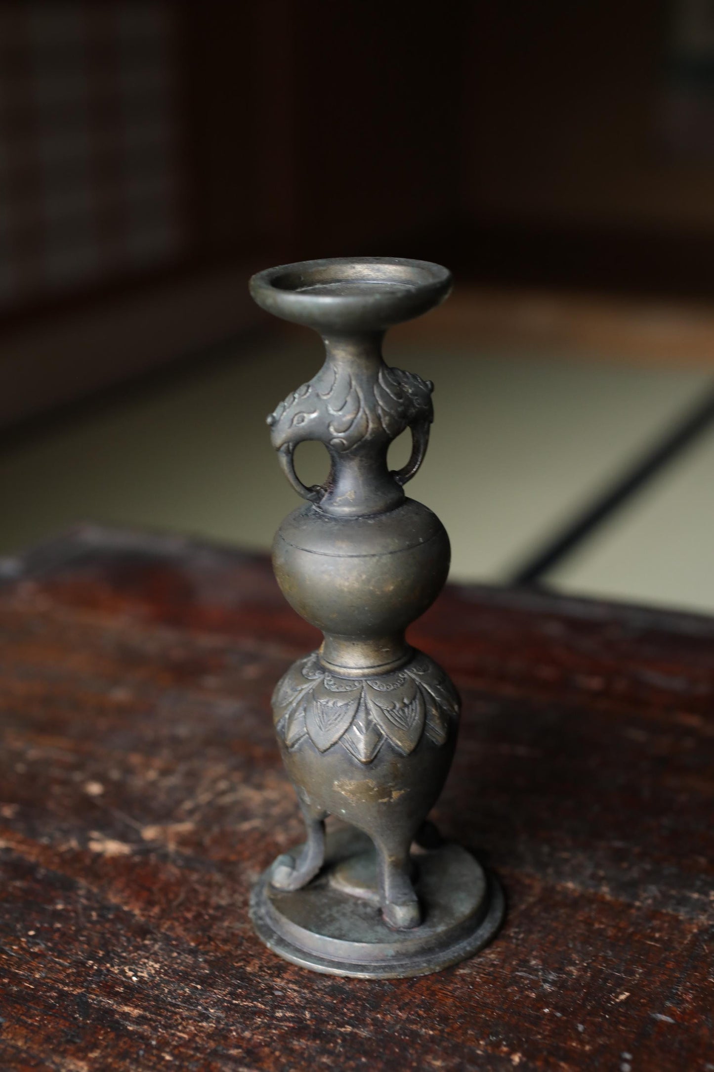 Antique Brass Candlestick - Japanese Cast Metal Elephant Motif | Buddhist Altar Decor