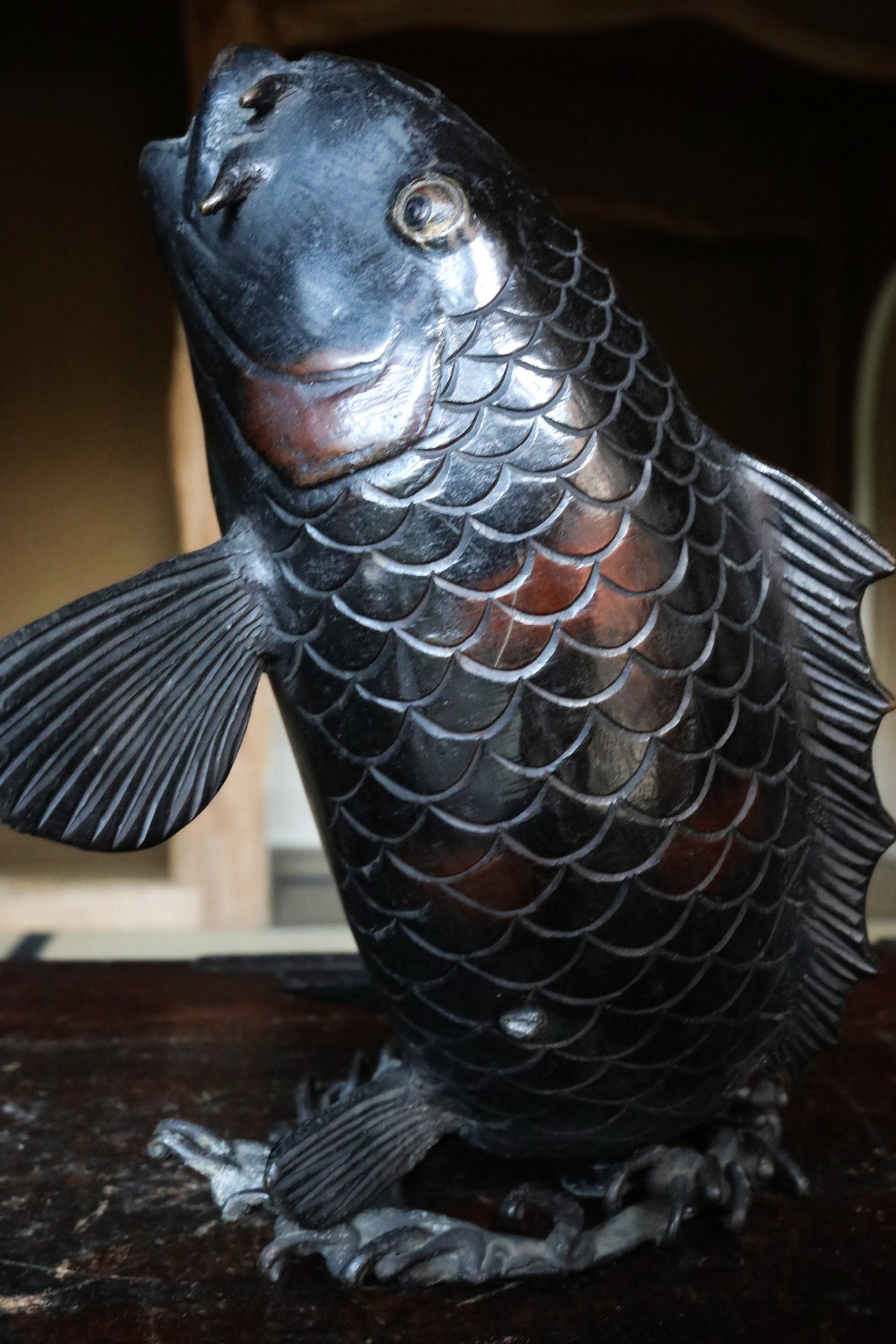 Bronze Koi Carp Fountain - Antique Japanese Garden Decor & Rustic Bronze Sculpture
